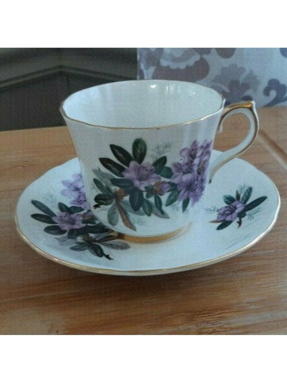 Vtg ROYAL VICTORIA FINE Bone china cup saucer purple flowers FLORAL gold trim